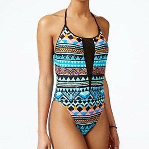 Bikini Nation Tribal-Print Mesh V Cutout One-Piece